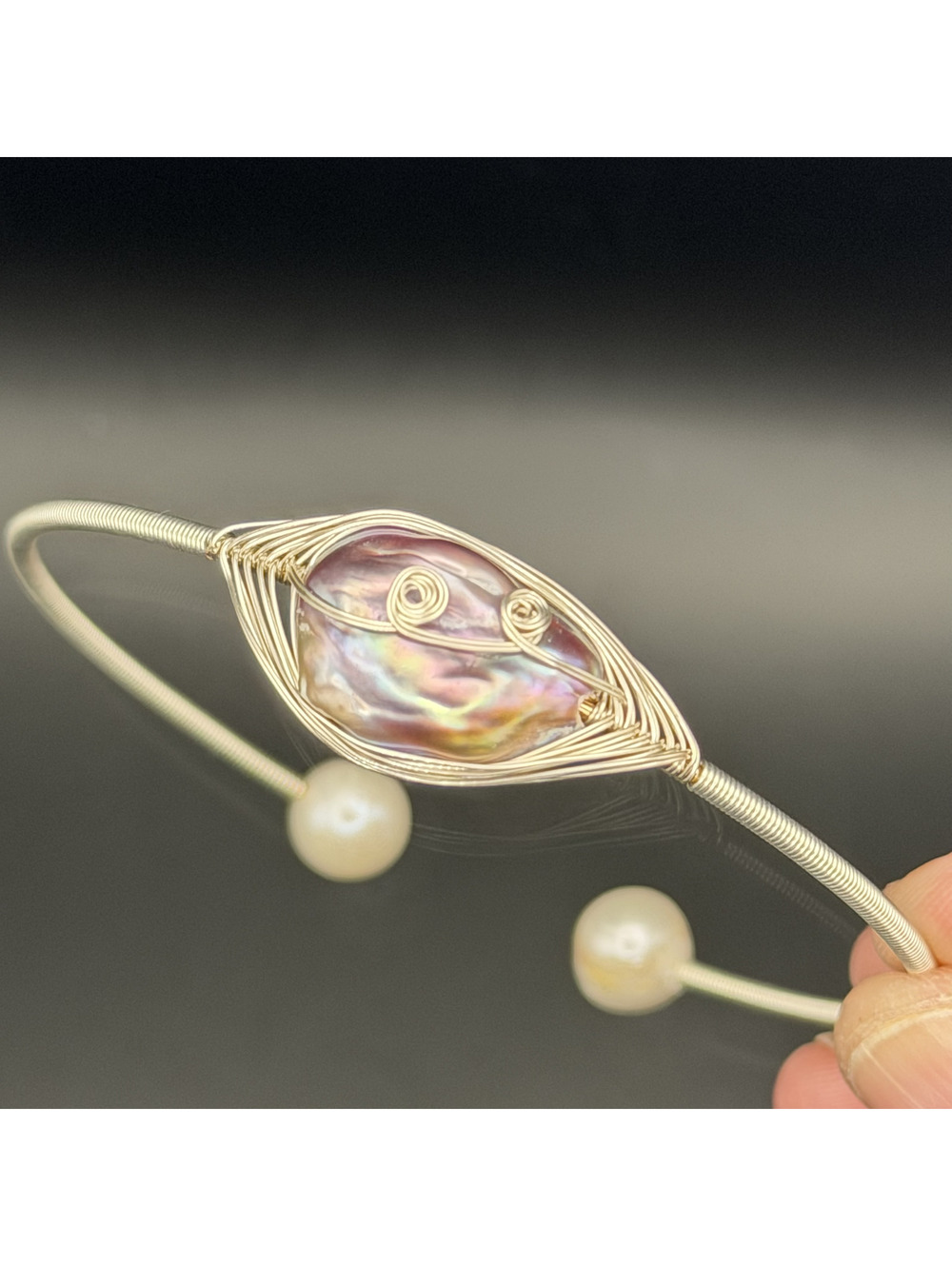 Freshwater Cultured Lilac Baroque Wire Wrap Silver Tone Bangle Bracelet